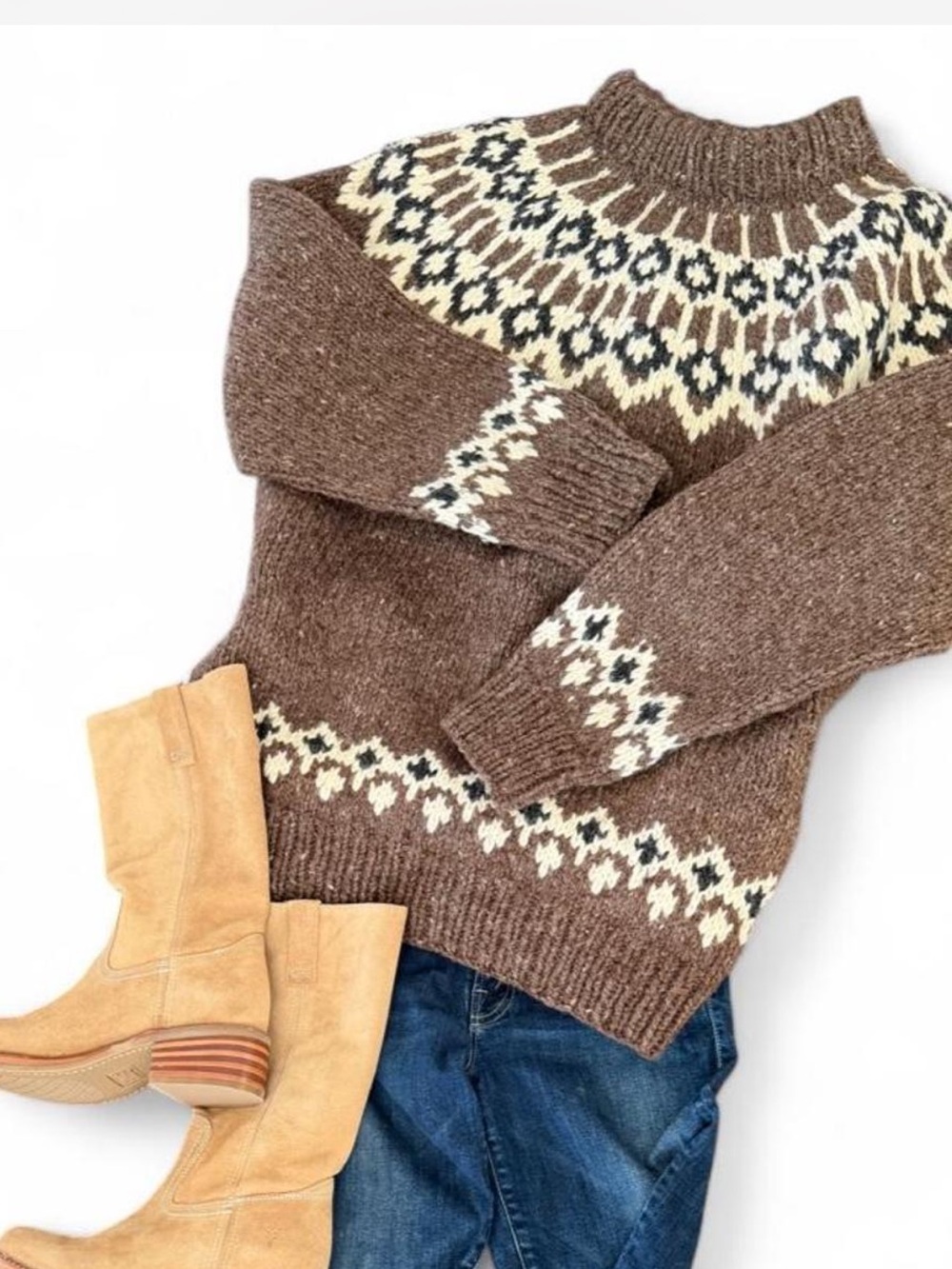 Hand Knit Icelandic Wool Sweater Brown Fair Isle Yoke Unisex Large
